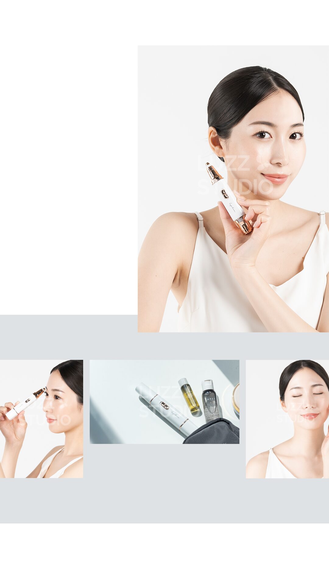 モデルを起用した美容家電の商品画像。モデルが商品を使っているシーン、商品の使用シーンを想定したイメージカット、満足している表情のモデルの写真がコラージュされている